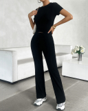 Women Short Sleeve O Neck Solid Color Fashion Casual Pants Sets Two Pieces Outfit Black Gray Blue Pink S-XL
