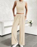Women Sleeveless Vest Casual Straight Pants Sets Two Pieces Outfit Pink Wine Red Navy Blue Black Apricot S-XL