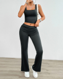 Women Square Neck Vest Ruched High Wasit Pants Sets Two Pieces Outfit Pink Black Gray Brown S-XL