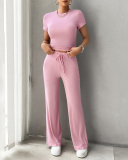 Women Short Sleeve O Neck Solid Color Fashion Casual Pants Sets Two Pieces Outfit Black Gray Blue Pink S-XL