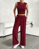 Women Sleeveless Vest Casual Straight Pants Sets Two Pieces Outfit Pink Wine Red Navy Blue Black Apricot S-XL