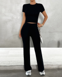 Women Short Sleeve O Neck Solid Color Fashion Casual Pants Sets Two Pieces Outfit Black Gray Blue Pink S-XL