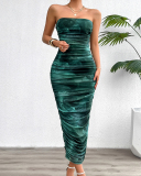 Elegant Women Strapless Ruched Mesh Tie Dye Slim Maxi Dress Red Coffee Green Blue Brown S-XL