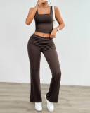 Women Square Neck Vest Ruched High Wasit Pants Sets Two Pieces Outfit Pink Black Gray Brown S-XL