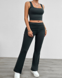 Women Square Neck Vest Ruched High Wasit Pants Sets Two Pieces Outfit Pink Black Gray Brown S-XL