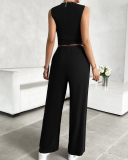 Women Sleeveless Vest Casual Straight Pants Sets Two Pieces Outfit Pink Wine Red Navy Blue Black Apricot S-XL