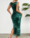 Women Tie Dyed Summer Elegant Sleeveless Mesh Maxi Dress Green Blue Brown Red S-XL