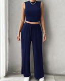 Women Sleeveless Vest Casual Straight Pants Sets Two Pieces Outfit Pink Wine Red Navy Blue Black Apricot S-XL