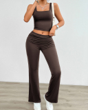 Women Square Neck Vest Ruched High Wasit Pants Sets Two Pieces Outfit Pink Black Gray Brown S-XL