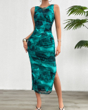 Women Tie Dyed Summer Elegant Sleeveless Mesh Maxi Dress Green Blue Brown Red S-XL