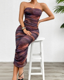 Elegant Women Strapless Ruched Mesh Tie Dye Slim Maxi Dress Red Coffee Green Blue Brown S-XL