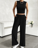 Women Sleeveless Vest Casual Straight Pants Sets Two Pieces Outfit Pink Wine Red Navy Blue Black Apricot S-XL