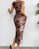Women Tie Dyed Summer Elegant Sleeveless Mesh Maxi Dress Green Blue Brown Red S-XL