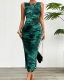 Women Tie Dyed Summer Elegant Sleeveless Mesh Maxi Dress Green Blue Brown Red S-XL