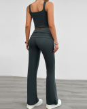Women Square Neck Vest Ruched High Wasit Pants Sets Two Pieces Outfit Pink Black Gray Brown S-XL