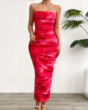Elegant Women Strapless Ruched Mesh Tie Dye Slim Maxi Dress Red Coffee Green Blue Brown S-XL