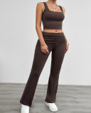 Women Square Neck Vest Ruched High Wasit Pants Sets Two Pieces Outfit Pink Black Gray Brown S-XL