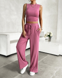 Women Sleeveless Vest Casual Straight Pants Sets Two Pieces Outfit Pink Wine Red Navy Blue Black Apricot S-XL