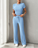 Women Short Sleeve O Neck Solid Color Fashion Casual Pants Sets Two Pieces Outfit Black Gray Blue Pink S-XL