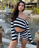Leisure Knitted Stripe Wholesale Two Piece Short Set S-L