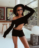 Leisure Knitted Stripe Wholesale Two Piece Short Set S-L