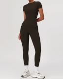 Women Short Sleeve O Neck T-shirt Slim Pants Yoga Two-piece Sets S-XL