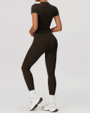 Women Short Sleeve O Neck T-shirt Slim Pants Yoga Two-piece Sets S-XL