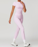 Women Short Sleeve O Neck T-shirt Slim Pants Yoga Two-piece Sets S-XL
