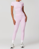 Women Short Sleeve O Neck T-shirt Slim Pants Yoga Two-piece Sets S-XL
