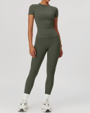 Women Short Sleeve O Neck T-shirt Slim Pants Yoga Two-piece Sets S-XL