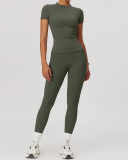 Women Short Sleeve O Neck T-shirt Slim Pants Yoga Two-piece Sets S-XL