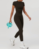 Women Short Sleeve O Neck T-shirt Slim Pants Yoga Two-piece Sets S-XL