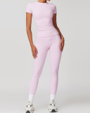 Women Short Sleeve O Neck T-shirt Slim Pants Yoga Two-piece Sets S-XL