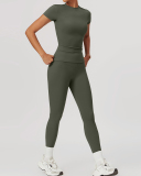 Women Short Sleeve O Neck T-shirt Slim Pants Yoga Two-piece Sets S-XL