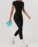 Women Short Sleeve O Neck T-shirt Slim Pants Yoga Two-piece Sets S-XL