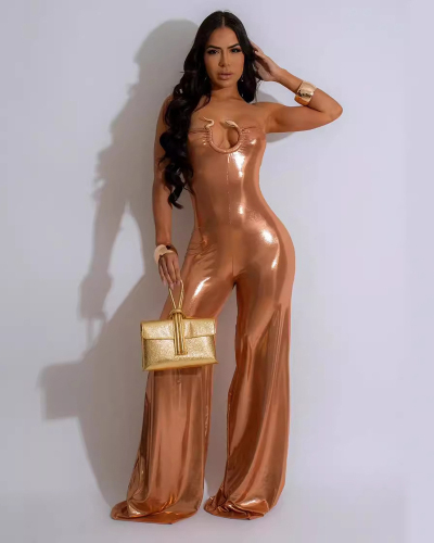 Women Sling Sexy Shining Club Wear Wide Leg Jumpsuit Black Silver Gold S-2XL