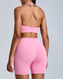 Factory Price Women Seamless Halter Neck Running Shorts Sets Yoga Two-piece Set S-XL
