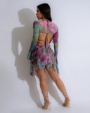Women Long Sleeve Strappy Loose Fashion Printed Three Piece Sets Blue Purple S-2XL