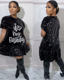 Women Sequin Short Sleeve O Neck Printed Mini Dresses Black Pink Blue Red S-2XL