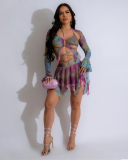 Women Long Sleeve Strappy Loose Fashion Printed Three Piece Sets Blue Purple S-2XL