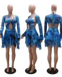 Women Long Sleeve Strappy Loose Fashion Printed Three Piece Sets Blue Purple S-2XL