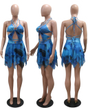 Women Long Sleeve Strappy Loose Fashion Printed Three Piece Sets Blue Purple S-2XL