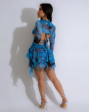 Women Long Sleeve Strappy Loose Fashion Printed Three Piece Sets Blue Purple S-2XL