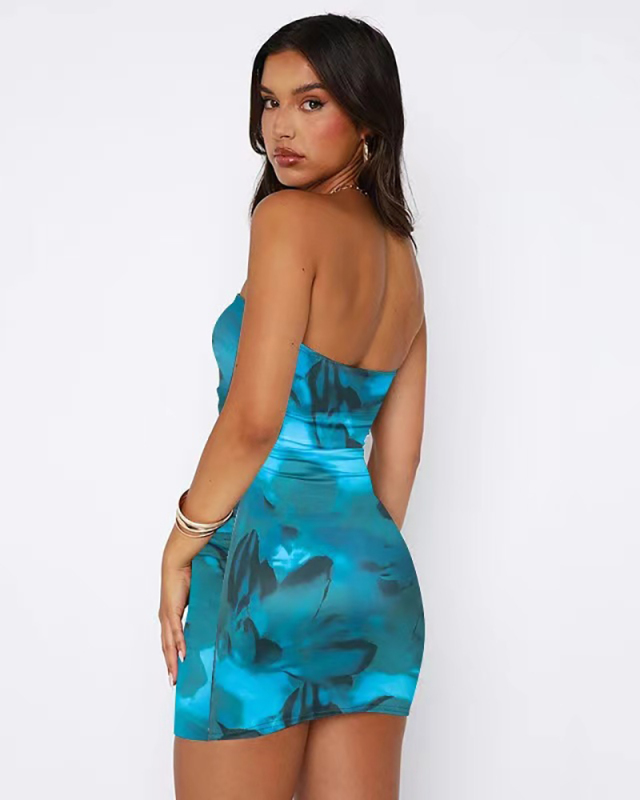 Women Summer Sexy Strapless Slim Ruched Printed Bodycon Dress Black Green Red S-XL