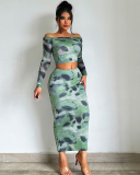 Woman Off Shoulder Long Sleeve Two Pieces Skirts Set Green S-L