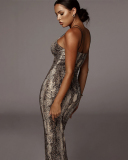 Women Summer Sling V Neck Snake Leopard Printed Maxi Dress S-2XL