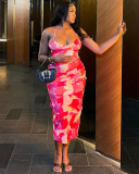 Women Sling Printed Backless Ruffers Irregular Maxi Dress Red S-L