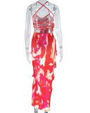 Women Sling Printed Backless Ruffers Irregular Maxi Dress Red S-L