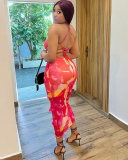 Women Sling Printed Backless Ruffers Irregular Maxi Dress Red S-L