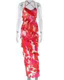 Women Sling Printed Backless Ruffers Irregular Maxi Dress Red S-L